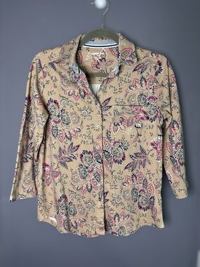 Lands End Paisley Button Front Shirt Tan Blue Pink XS